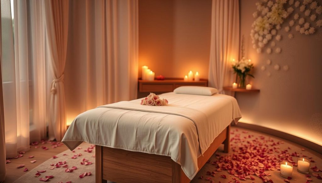 A cozy, candlelit spa suite with a plush massage table draped in soft linens. Ambient lighting sets a serene, romantic mood, while delicate flower petals scattered across the floor and surfaces add a touch of elegance. Massage oils and scented candles infuse the air with calming aromas. The scene evokes a luxurious, couples-focused experience tailored for relaxation and rejuvenation. A cozy, candlelit spa suite with a plush massage table draped in soft linens. Ambient lighting sets a serene, romantic mood, while delicate flower petals scattered across the floor and surfaces add a touch of elegance. Massage oils and scented candles infuse the air with calming aromas. The scene evokes a luxurious, couples-focused experience tailored for relaxation and rejuvenation.