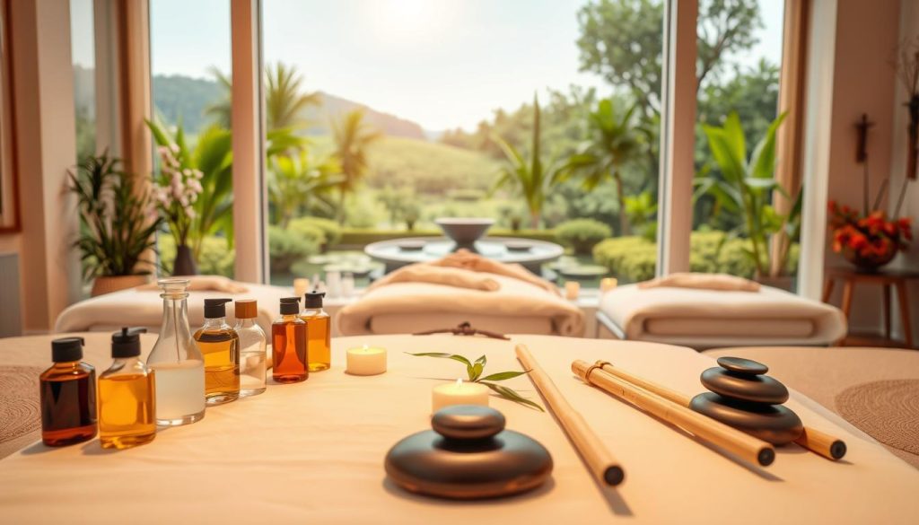 A serene massage studio with soft lighting and soothing colors. In the foreground, various massage tools and techniques are meticulously arranged, including massage oils, stones, and bamboo sticks. The middle ground showcases different massage styles, such as Thai, Swedish, and deep tissue, each with their own unique hand positions and techniques. In the background, a tranquil landscape with lush greenery and a calming water feature sets the mood for a truly rejuvenating experience. The overall atmosphere evokes a sense of harmony, relaxation, and holistic well-being. A serene massage studio with soft lighting and soothing colors. In the foreground, various massage tools and techniques are meticulously arranged, including massage oils, stones, and bamboo sticks. The middle ground showcases different massage styles, such as Thai, Swedish, and deep tissue, each with their own unique hand positions and techniques. In the background, a tranquil landscape with lush greenery and a calming water feature sets the mood for a truly rejuvenating experience. The overall atmosphere evokes a sense of harmony, relaxation, and holistic well-being.