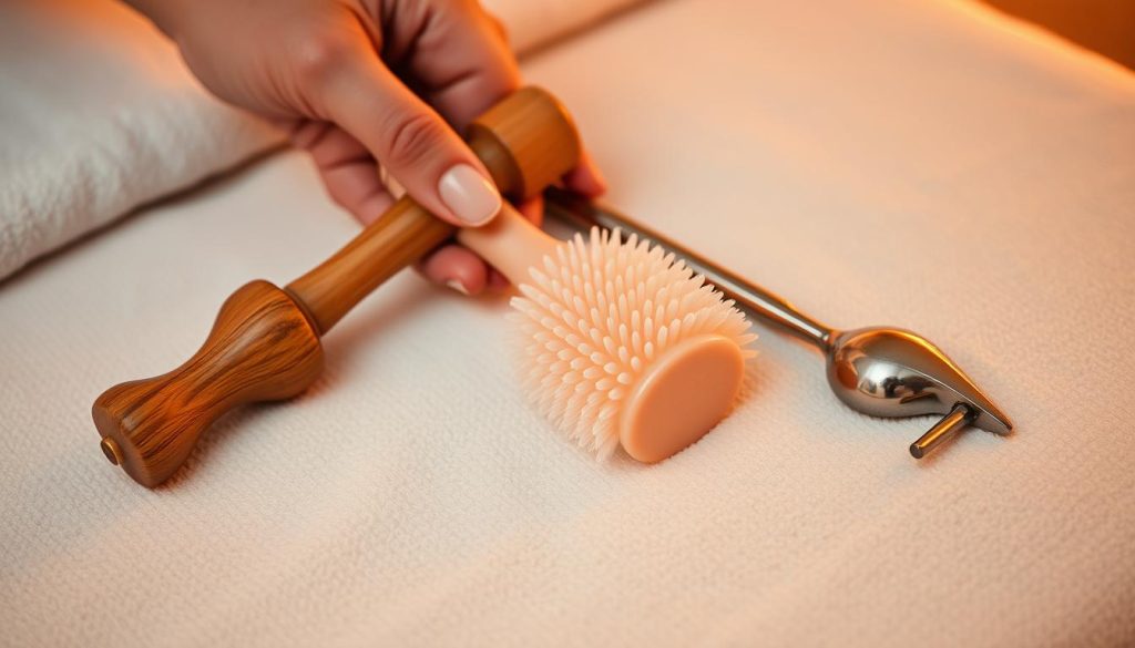 A close-up view of a hand delicately holding a set of massage tools, including a wooden roller, a silicone brush, and a metal tool with a curved head. The tools are arranged on a soft, plush surface, possibly a towel or a massage table, creating a calming and serene atmosphere. Warm, diffused lighting illuminates the scene, casting gentle shadows and highlighting the textures and details of the massage tools. The composition draws the viewer's attention to the proper handling and application of these specialized instruments for a relaxing and therapeutic massage experience.