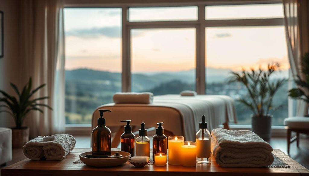 A cozy home interior, with a comfortable massage table set up in the center of the frame. Soft, warm lighting illuminates the scene, creating a soothing and inviting atmosphere. In the background, a tranquil landscape of rolling hills or a cityscape can be seen through a large window, hinting at the convenience of receiving a massage in the comfort of one's own home. The foreground features various massage oils, towels, and other essential tools neatly arranged, suggesting the care and attention to detail that goes into providing an exceptional in-home massage experience. The overall composition conveys a sense of relaxation, rejuvenation, and the benefits of enjoying a professional-quality massage in the privacy and convenience of one's own living space.