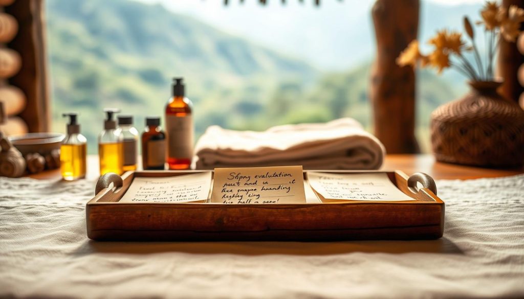 A cozy, rustic spa setting with an inviting array of massage oil bottles, soft towels, and a wooden tray displaying handwritten spa evaluation notes. The scene is bathed in warm, diffused lighting, creating a serene and relaxing atmosphere. The notes are elegantly scribed in calligraphic style, hinting at thoughtful feedback from satisfied customers. The composition focuses on the evaluation notes, conveying a sense of professionalism and attention to detail in the spa's service. The background features a blurred, natural landscape, suggesting a tranquil, off-the-beaten-path location.
