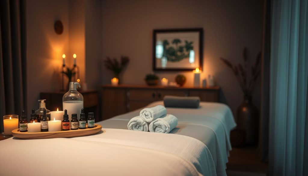 A dimly lit, cozy interior space showcasing various massage therapy tools and accoutrements. Soft, warm lighting casts a soothing glow, creating an atmosphere of relaxation and tranquility. In the foreground, an array of essential oils, scented candles, and fluffy towels are artfully arranged on a wooden side table. The middle ground features a plush massage table with crisp, clean linens, inviting the viewer to imagine the rejuvenating experience. The background subtly suggests the comforts of a private residence, with tasteful decor and muted tones, conveying a sense of intimate, personalized service. The overall scene emanates a feeling of luxurious self-care and indulgence, suitable for showcasing the pricing and availability of in-home massage services in Istanbul.
