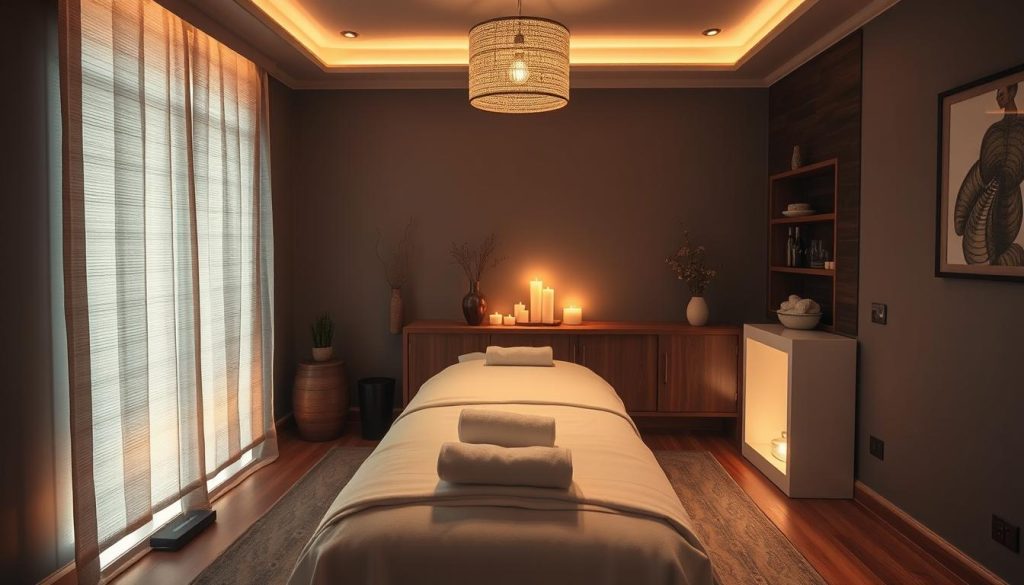 A dimly lit, cozy massage studio in Istanbul. Soft, warm lighting bathes the room in a serene ambiance. Plush, white towels and crisp, fresh linens adorn a generously padded massage table in the center. Soothing, calming aromas of essential oils waft through the air, creating a peaceful, tranquil atmosphere. Elegant, wooden accents and muted, neutral tones throughout evoke a sense of luxury and relaxation. The room exudes an air of professionalism and expertise, inviting the viewer to unwind and indulge in a rejuvenating, customized massage experience.