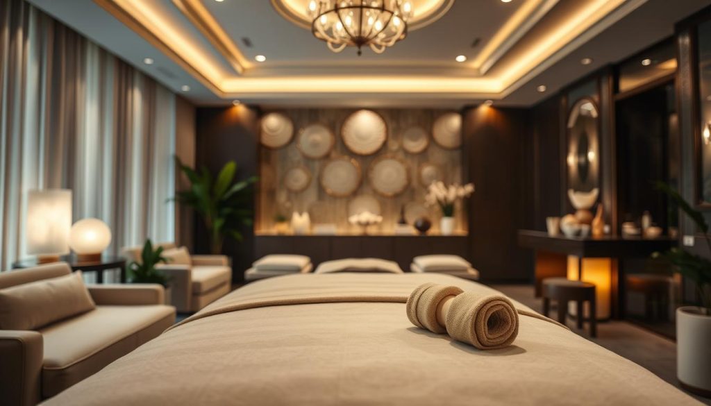 A lavish and elegant massage parlor interior with plush seating, dim lighting, and calming greenery. The scene captures the essence of a high-end massage service, conveying a sense of relaxation and tranquility. The camera angle showcases the serene atmosphere, focusing on the inviting massage table in the foreground, while the background features tasteful decor and a subtle color palette. The image radiates an atmosphere of luxury and pampering, effectively illustrating the pricing and promotional aspects of the massage services offered. A lavish and elegant massage parlor interior with plush seating, dim lighting, and calming greenery. The scene captures the essence of a high-end massage service, conveying a sense of relaxation and tranquility. The camera angle showcases the serene atmosphere, focusing on the inviting massage table in the foreground, while the background features tasteful decor and a subtle color palette. The image radiates an atmosphere of luxury and pampering, effectively illustrating the pricing and promotional aspects of the massage services offered.