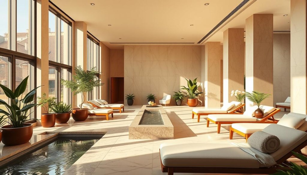 A luxurious and tranquil spa retreat nestled in the heart of Istanbul, bathed in warm, natural light filtering through large windows. Plush chaise lounges and comfy armchairs dot the serene indoor space, inviting visitors to sink in and unwind. The polished marble floors and soothing neutral tones create a calming ambiance, complemented by the gentle sounds of a flowing water feature. Sleek, modern architecture blends seamlessly with traditional Turkish design elements, offering a truly indulgent and rejuvenating spa experience. Lush greenery and potted plants add pops of vibrant color, heightening the sense of urban oasis. Elegant, high-ceilinged treatment rooms promise pampering and relaxation, while a sauna and steam room offer restorative therapies.