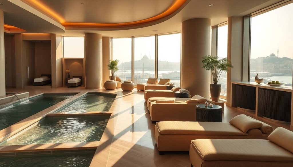 A luxurious hotel spa in Istanbul, bathed in warm, natural light filtering through large windows. Plush, comfortable lounge chairs invite guests to relax, while bespoke treatments are offered in cozy, private alcoves. The atmosphere is serene and tranquil, with soothing water features and the gentle aroma of essential oils. Elegant, minimalist decor complements the overall calming ambiance, creating a haven of wellness and rejuvenation. In the background, a view of the city's iconic landmarks, hinting at the hotel's prime location. The entire scene exudes an air of sophistication and attention to detail, perfectly suited for the discerning traveler seeking a rejuvenating spa experience in the heart of Istanbul.