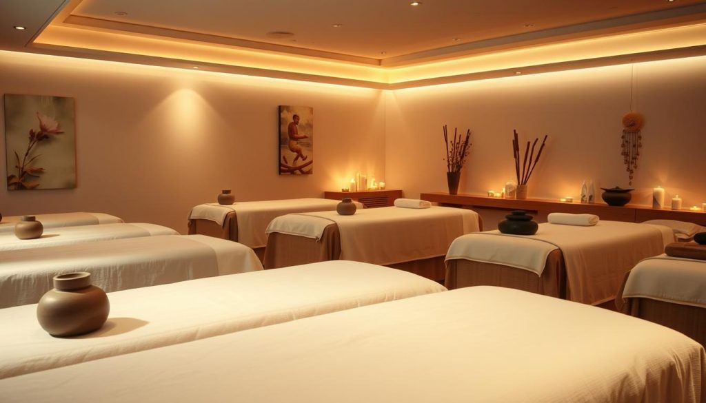 A luxurious spa setting with a soothing, calming atmosphere. Soft, warm lighting illuminates a variety of massage tables, each draped in plush, high-quality linens. Aromatherapy candles and essential oil diffusers fill the air with relaxing scents. In the background, subtle nature sounds, such as flowing water or gentle wind chimes, create a tranquil ambiance. The scene showcases a range of massage modalities, including Swedish, deep tissue, hot stone, and aromatherapy massage, represented by the various massage tools and accoutrements strategically placed throughout the space. The overall impression is one of indulgence, relaxation, and expertly-tailored services catered to the discerning clientele of a premium massage salon.