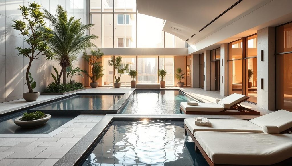 A luxurious urban spa oasis nestled in the heart of the city, enveloped in a serene ambiance. A tranquil courtyard with lush greenery and a soothing water feature sets the stage. Radiant natural light cascades through floor-to-ceiling windows, casting a warm glow upon the sleek, modern interiors. Plush loungers invite guests to indulge in a moment of blissful relaxation, while the inviting indoor pool promises a rejuvenating dip. Elegant, minimalist decor and muted tones create a calming, sophisticated atmosphere, perfect for an indulgent city spa escape.