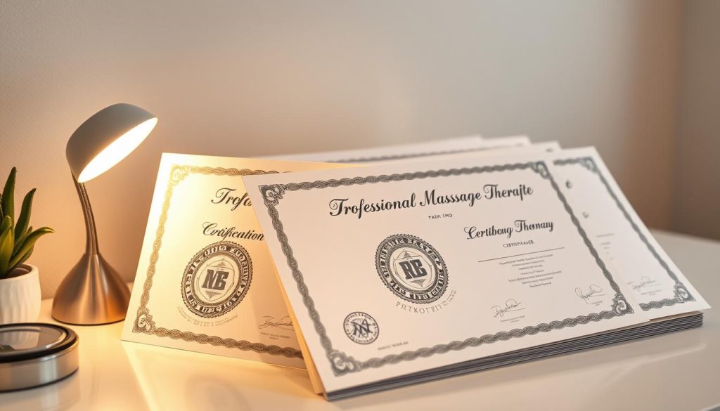 A meticulously organized desk, adorned with a stack of professional massage therapy certificates, each emblazoned with intricate designs and seals. The certificates are illuminated by soft, diffused lighting, casting a warm, authoritative glow. The background is clean and minimalist, allowing the certificates to take center stage, showcasing the training and expertise of the masseuse. The composition is balanced, with the certificates positioned in a visually appealing arrangement, conveying a sense of professionalism and dedication to the craft of massage therapy. A meticulously organized desk, adorned with a stack of professional massage therapy certificates, each emblazoned with intricate designs and seals. The certificates are illuminated by soft, diffused lighting, casting a warm, authoritative glow. The background is clean and minimalist, allowing the certificates to take center stage, showcasing the training and expertise of the masseuse. The composition is balanced, with the certificates positioned in a visually appealing arrangement, conveying a sense of professionalism and dedication to the craft of massage therapy.