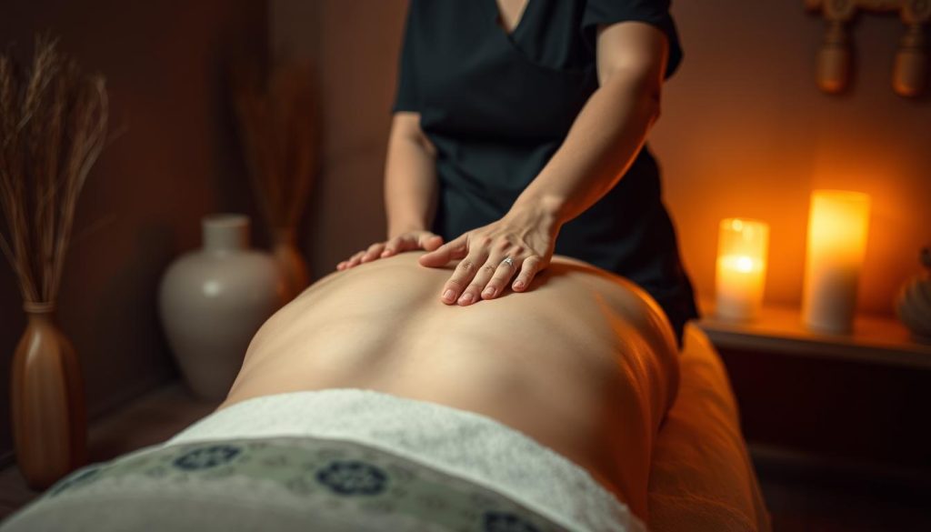 A professional masseuse performing a therapeutic massage session in a serene, dimly lit massage studio. The therapist's skilled hands glide gracefully over the client's back, using long, soothing strokes and firm kneading motions to alleviate muscle tension. The room is bathed in a warm, amber glow, creating a calming, spa-like ambiance. Soft, earthy tones and natural materials such as wood and stone adorn the minimalist, zen-inspired decor, evoking a sense of tranquility and relaxation. The focus is on the therapist's technique and the client's peaceful, rejuvenated state, conveying the expertise and professionalism of the İstanbul4 Levent Masaj Salonu.