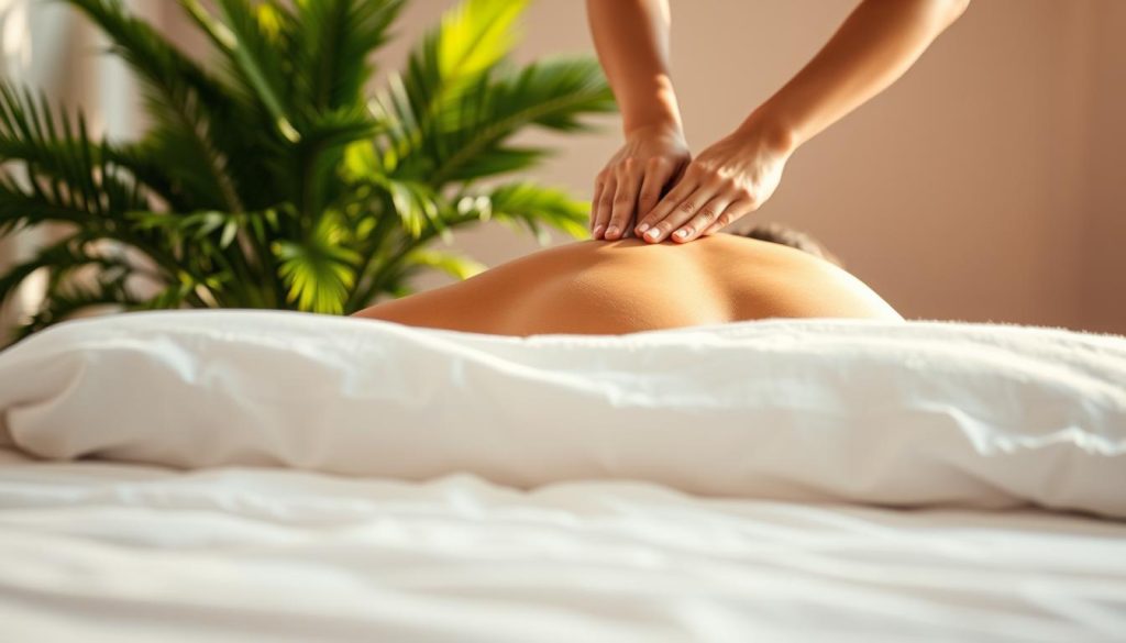 A serene and calming massage scene, with a pristine white bed sheet and fluffy pillows in the foreground. Warm, soft lighting illuminates the soothing environment, creating a tranquil atmosphere. In the middle ground, a pair of skilled, steady hands perform a relaxing, therapeutic massage on a person's back, using long, flowing strokes. The background features a lush, verdant plant with vibrant green leaves, symbolizing the rejuvenating and revitalizing nature of the massage. The overall composition conveys a sense of balance, harmony, and the profound health benefits of at-home massage practices. A serene and calming massage scene, with a pristine white bed sheet and fluffy pillows in the foreground. Warm, soft lighting illuminates the soothing environment, creating a tranquil atmosphere. In the middle ground, a pair of skilled, steady hands perform a relaxing, therapeutic massage on a person's back, using long, flowing strokes. The background features a lush, verdant plant with vibrant green leaves, symbolizing the rejuvenating and revitalizing nature of the massage. The overall composition conveys a sense of balance, harmony, and the profound health benefits of at-home massage practices.
