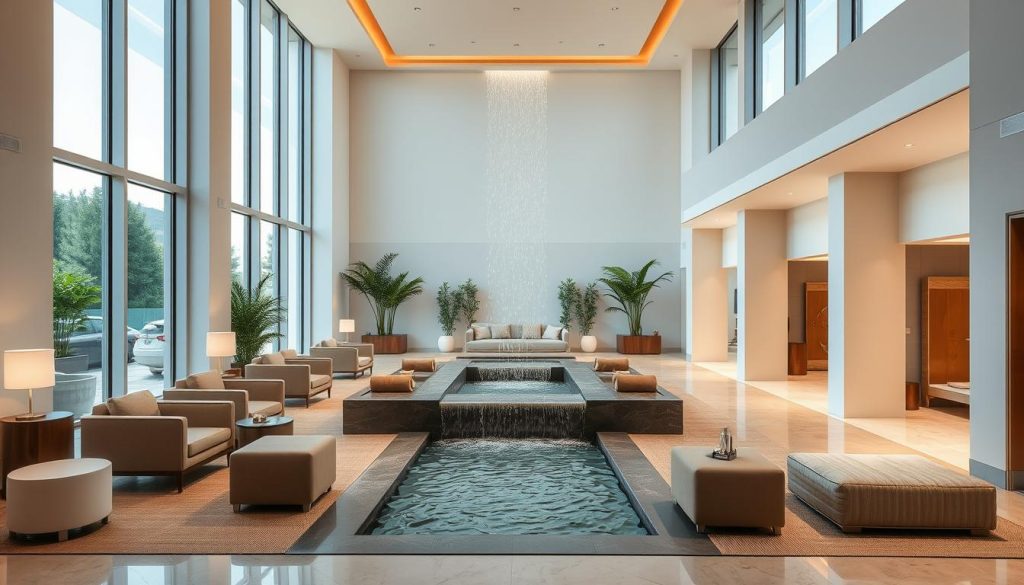 A serene and luxurious spa center, with a contemporary and minimalist design. The entrance features floor-to-ceiling windows, allowing natural light to flood the space. Inside, sleek and modern furnishings, such as plush armchairs and cozy ottomans, create a welcoming ambiance. A central water feature, with cascading waterfalls, adds a soothing, calming element. The treatment rooms are spacious and well-appointed, with clean lines and neutral tones. Soft, diffused lighting sets the mood for a relaxing and rejuvenating experience. The spa's amenities, including a sauna, steam room, and meditation lounge, are seamlessly integrated into the overall design. The outdoor terrace offers a tranquil oasis, with lush greenery and a serene water feature. A serene and luxurious spa center, with a contemporary and minimalist design. The entrance features floor-to-ceiling windows, allowing natural light to flood the space. Inside, sleek and modern furnishings, such as plush armchairs and cozy ottomans, create a welcoming ambiance. A central water feature, with cascading waterfalls, adds a soothing, calming element. The treatment rooms are spacious and well-appointed, with clean lines and neutral tones. Soft, diffused lighting sets the mood for a relaxing and rejuvenating experience. The spa's amenities, including a sauna, steam room, and meditation lounge, are seamlessly integrated into the overall design. The outdoor terrace offers a tranquil oasis, with lush greenery and a serene water feature.