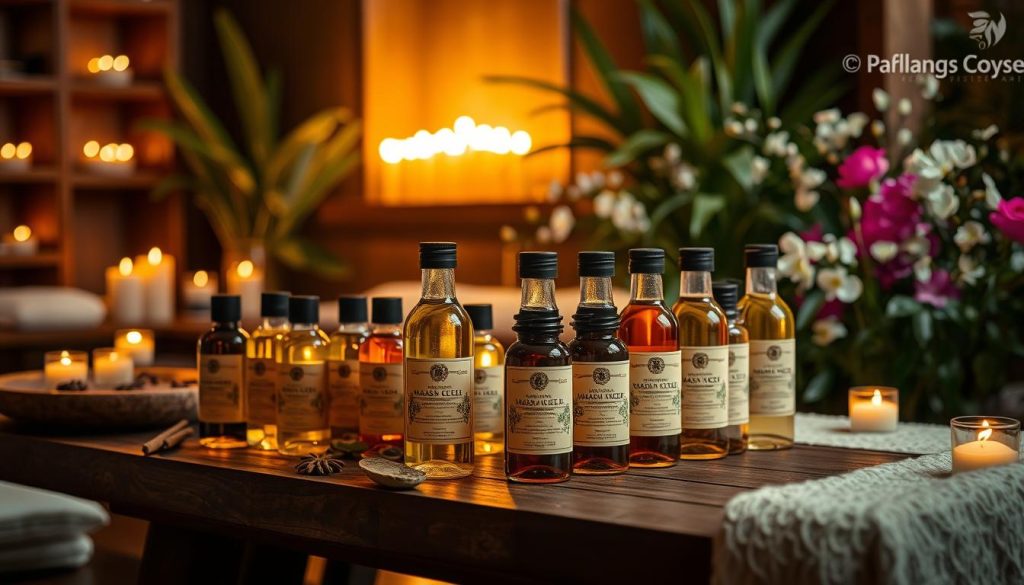 A serene and luxurious spa setting, with a dimly lit room filled with the warm glow of candles. On a wooden table, an array of natural massage oils are displayed, their bottles artfully arranged. The oils, infused with the scents of exotic spices and herbs, glisten invitingly. In the background, lush greenery and delicate flowers create a soothing, tranquil atmosphere. The camera captures the scene from a slightly elevated angle, highlighting the meticulously curated details that evoke the essence of a traditional Sultan's massage experience.