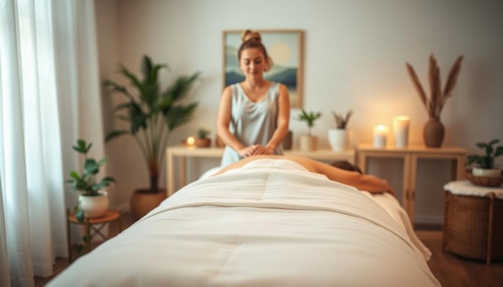 A serene and peaceful massage therapy session, captured in a softly lit studio. The foreground features a massage table with crisp, white linens, ready to receive the client. In the middle ground, a skilled masseuse stands poised, their hands ready to apply gentle, therapeutic strokes. The background is filled with soothing, natural elements like potted plants and calming artwork, creating a tranquil ambiance. Soft, diffused lighting casts a warm glow, enhancing the calming atmosphere. The overall scene conveys a sense of relaxation and professional care, perfectly suited for an article on selecting the best massage therapist. A serene and peaceful massage therapy session, captured in a softly lit studio. The foreground features a massage table with crisp, white linens, ready to receive the client. In the middle ground, a skilled masseuse stands poised, their hands ready to apply gentle, therapeutic strokes. The background is filled with soothing, natural elements like potted plants and calming artwork, creating a tranquil ambiance. Soft, diffused lighting casts a warm glow, enhancing the calming atmosphere. The overall scene conveys a sense of relaxation and professional care, perfectly suited for an article on selecting the best massage therapist.
