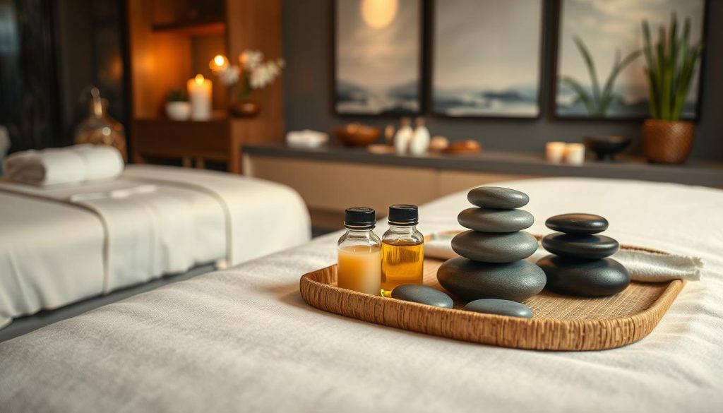A serene and tranquil scene featuring an array of soothing massage modalities. In the foreground, a cozy massage table is draped with soft, plush linens, inviting visitors to indulge in a moment of pure relaxation. The middle ground showcases an assortment of massage tools and accessories, including smooth river stones, fragrant essential oils, and warm towels, all meticulously arranged to create a harmonious and inviting atmosphere. In the background, a serene, dimly lit spa-like environment sets the stage, with soft lighting, calming nature-inspired artwork, and the gentle sound of soothing music, transporting the viewer to a tranquil oasis of wellness and rejuvenation.