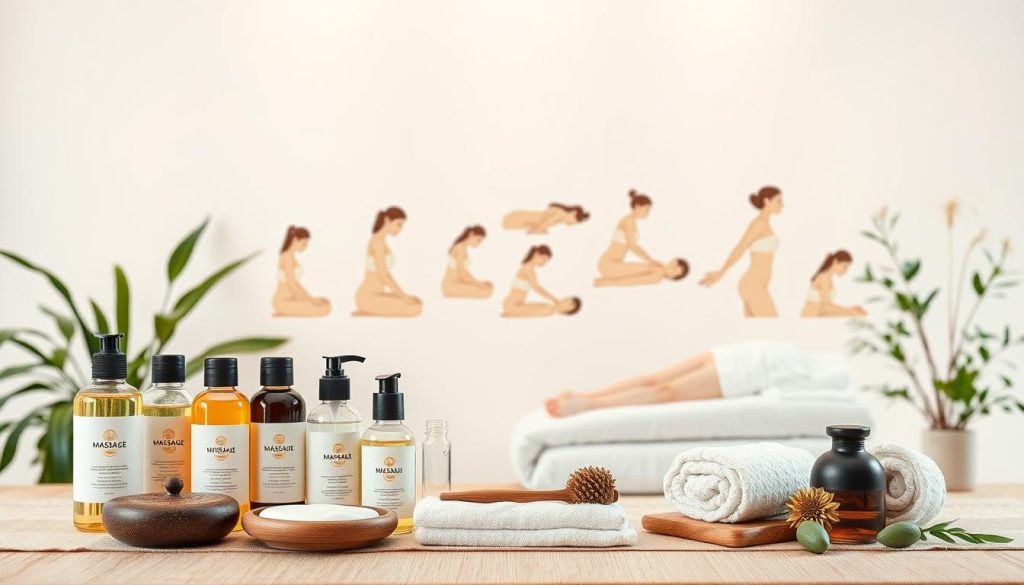 A serene and tranquil scene showcasing various massage techniques. In the foreground, a set of massage oils, lotions, and tools are neatly arranged, their textures and colors inviting. The middle ground features a range of massage modalities, from deep tissue to Swedish, each demonstrated through dynamic, yet graceful illustrated figures. The background is a soothing, minimalist environment, with natural elements like plants and soft lighting, creating a calming atmosphere. The overall composition conveys the professionalism, expertise, and holistic approach of the masseuses, perfectly encapsulating the essence of "Masaj Türleri" within the article's theme of "Profesyonel Masörler | Sağlıklı Masaj Hizmeti."