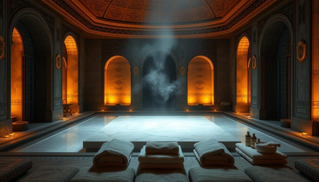 A serene, dimly lit Turkish hammam with a central marble platform bathed in warm lighting. Intricate architectural details adorn the walls, including arched alcoves and ornate tilework. Wispy steam rises from the heated stone floors, creating an atmosphere of relaxation and rejuvenation. In the foreground, an array of plush towels and spa amenities are neatly arranged, inviting the viewer to indulge in a luxurious pampering experience. The overall scene evokes a sense of tranquility and wellness, perfectly capturing the essence of a spa-integrated fitness and wellness retreat.