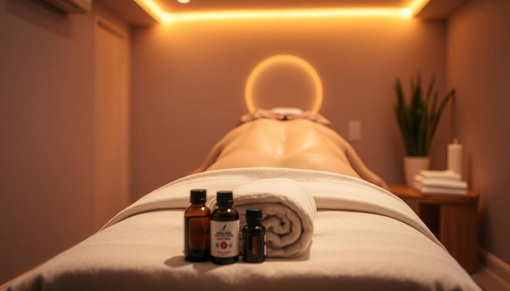 A serene, dimly lit massage therapy room with warm, soft lighting casting a soothing glow. On a wooden massage table, plush towels and essential oils arranged neatly. A skilled massage therapist's hands gently kneading and manipulating the muscles of a patient's back, relieving tension and promoting relaxation. The room's neutral tones and calming atmosphere evoke a sense of tranquility and healing. The camera captures the scene from a low angle, emphasizing the therapeutic nature of the medical massage treatment.