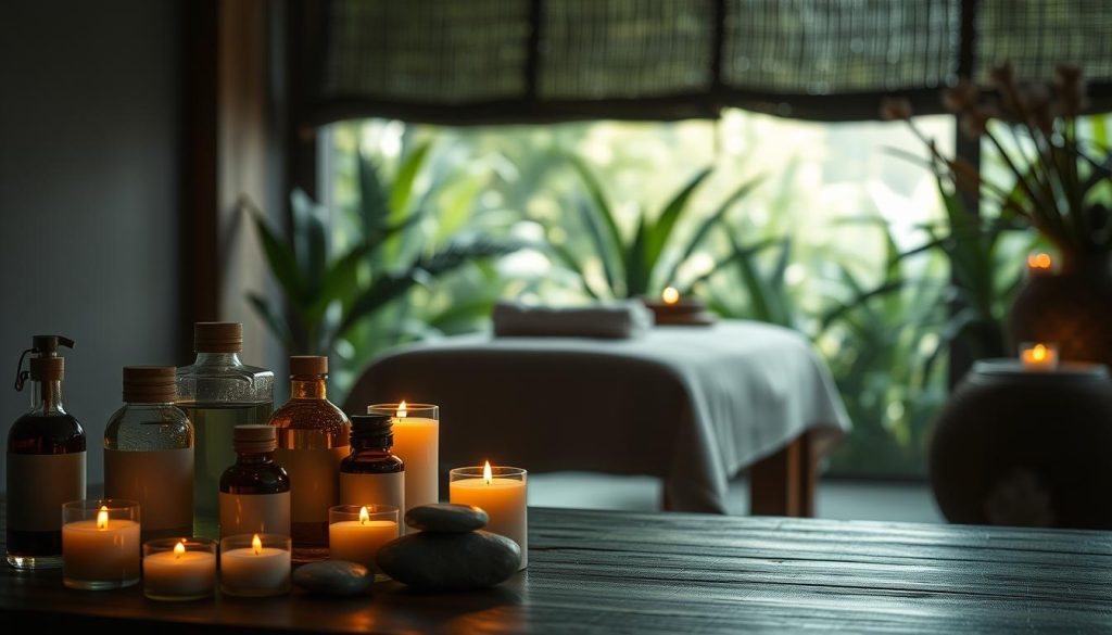 A serene, dimly lit spa setting, showcasing an array of massage therapy options. In the foreground, a collection of natural, organic massage oils, candles, and soothing stones are artfully arranged. The middle ground features a tranquil, minimalist massage table with plush, textured linens, inviting the viewer to imagine the restorative experience. The background depicts a calming, nature-inspired scene, with soft lighting filtering through lush greenery and natural textures, creating a sense of relaxation and rejuvenation. The overall composition conveys a harmonious, holistic atmosphere, reflecting the variety of massage services available to the viewer.