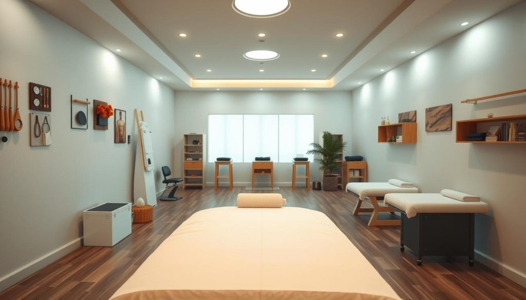 A serene indoor scene showcasing diverse areas for physiotherapy massage applications. The foreground features a massage table with clean white linens, flanked by various massage tools and equipment. The middle ground depicts a soothing, well-lit room with a calming, natural color palette. The background showcases an array of massage therapy zones, including dedicated areas for muscle manipulation, joint mobilization, and therapeutic stretching. The lighting is soft and diffused, creating a tranquil atmosphere. The camera angle is slightly elevated, providing a comprehensive view of the comprehensive physiotherapy massage setup.