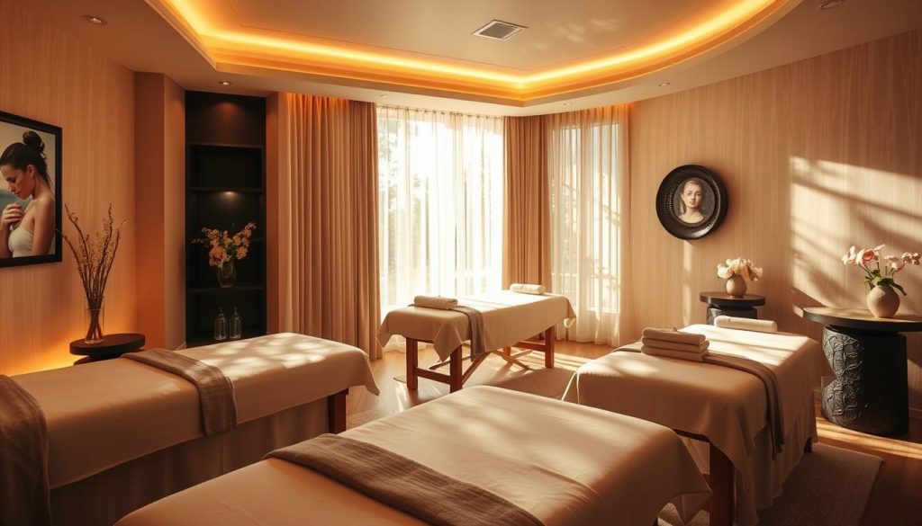 A serene massage studio with warm lighting and soothing ambiance. Various massage modalities are showcased, including traditional Swedish, deep tissue, hot stone, and aromatherapy. The room features plush massage tables, soft linens, and tasteful decor that evokes a sense of relaxation. Dappled sunlight filters through sheer curtains, creating a calming atmosphere. The overall scene conveys the different massage types available at Forum Istanbul, inviting the viewer to experience the tranquility and health benefits of these therapeutic treatments.