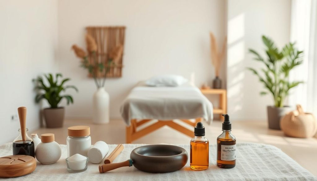 A serene spa-like setting in Şile, Turkey, featuring an array of massage modalities. Soft, diffused natural lighting illuminates the room, creating a calming ambiance. In the foreground, various massage tools and oils are neatly arranged, hinting at the range of techniques available. The middle ground showcases a cozy massage table, its crisp linens and fluffy pillows inviting relaxation. In the background, potted plants and minimalist decor complement the tranquil atmosphere, evoking a sense of holistic well-being. The overall scene conveys the high-quality, professional masage services offered in Şile, Turkey.