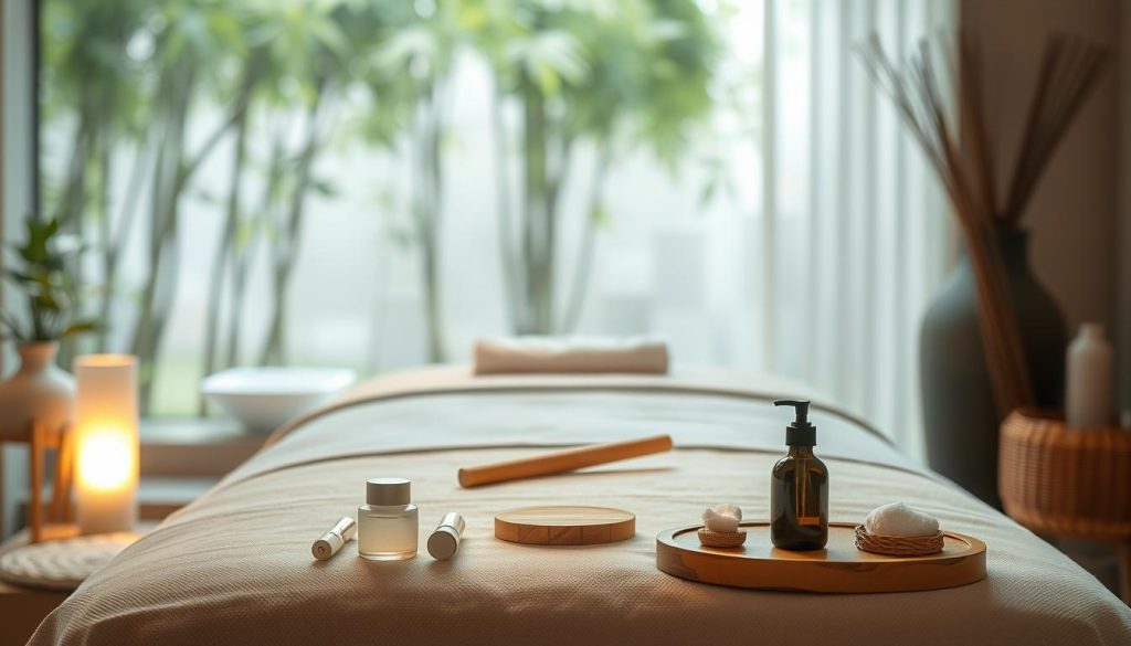 A serene spa-like setting, with a massage table draped in soft linens, surrounded by gentle lighting and calming natural elements. In the foreground, various massage tools and oils are neatly arranged, hinting at the diverse techniques to be applied. The middle ground features a tranquil, minimalist ambiance, with soothing textures and muted tones creating a peaceful atmosphere. In the background, a blurred, nature-inspired backdrop, such as a zen garden or bamboo grove, further enhances the relaxing and rejuvenating mood. The overall scene conveys a sense of harmony, balance, and the expertise of skilled massage practitioners.