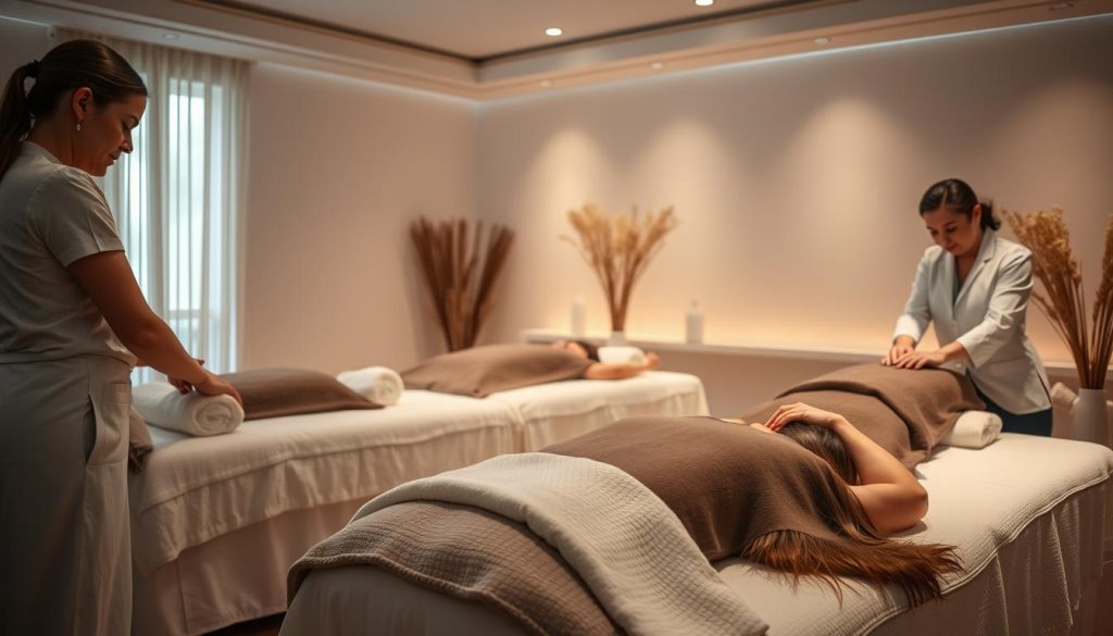 A tranquil and serene massage studio, with soft lighting and calming natural textures. Three experienced masseuses, clad in professional attire, gently and skillfully administer therapeutic massages to clients resting on plush massage tables. The atmosphere is one of relaxation, expertise, and personalized attention, reflecting the care and competence of the "Uzman Masaj Terapistleri" featured in the article. The focus is on the serene, professional environment and the masseuses' skilled hands, rather than on any individuals. The image should convey a sense of trust, wellness, and the high-quality service described in the article's section title.