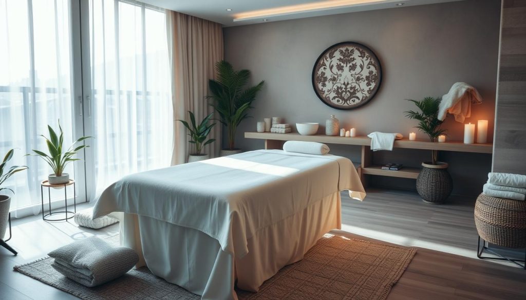 A tranquil and serene spa scene in Istanbul, with sunlight filtering through large windows, illuminating the cozy and inviting interior. The focal point is a luxurious massage table, draped in plush linens, surrounded by soothing décor elements like potted plants, candles, and soft textiles. The atmosphere is one of relaxation and rejuvenation, with muted colors and gentle lighting creating a calming ambiance. The camera angle is slightly elevated, allowing the viewer to take in the full scope of the scene and appreciate the attention to detail that creates an optimal massage experience.