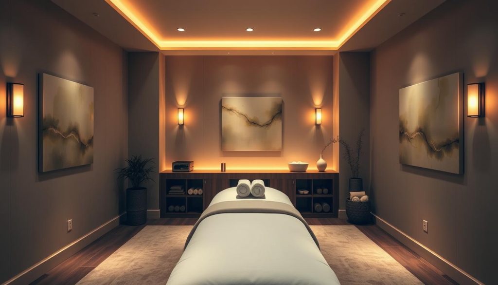A tranquil oasis of serenity, a dimly lit treatment room with soft, warm lighting emanating from discreetly placed sconces. The soothing aroma of essential oils wafts through the air, creating a sense of deep relaxation. In the center, a plush massage table, inviting the weary to surrender to the skilled hands of the masseuse. The walls are adorned with calming, abstract paintings, their colors reflecting the harmonious ambiance. Subtle, muted tones of beige, sage, and mellow gold envelope the space, exuding a harmonious, restorative energy. The overall atmosphere is one of rejuvenation, where the stresses of the day melt away, leaving the mind and body renewed and refreshed.