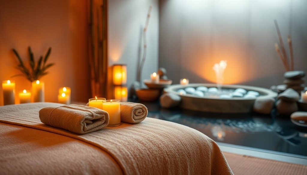A tranquil spa scene, bathed in warm, amber lighting. In the foreground, a luxurious massage table adorned with plush towels and natural aromatherapy candles. In the middle ground, a serene water feature bubbles softly, its gentle sounds echoing the calming atmosphere. The background showcases a minimalist, zen-inspired decor with bamboo accents and natural stone elements, creating a soothing, holistic ambiance. The overall mood is one of deep relaxation and rejuvenation, evoking the profound health benefits of immersive spa therapies.