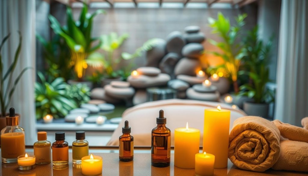 A tranquil spa setting with a variety of holistic therapies. In the foreground, an array of soothing essential oils, candles, and plush towels set the scene. The middle ground showcases a serene massage table, bathed in warm, diffused lighting. In the background, a zen garden with lush greenery and a calming water feature creates a peaceful ambiance. The overall mood is one of relaxation and rejuvenation, inviting the viewer to indulge in a restorative spa experience.