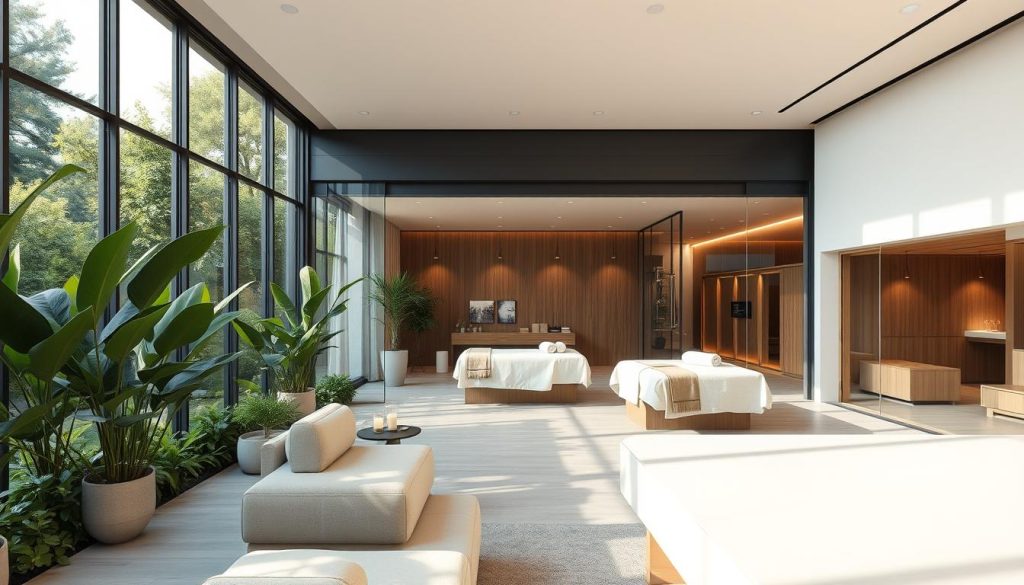 A tranquil wellness center in Şişli, Istanbul, nestled amidst lush greenery. The sleek, modern building features floor-to-ceiling windows that flood the interior with natural light. In the foreground, a serene reception area with plush seating invites visitors to relax. The middle ground showcases a spacious massage area, where skilled therapists offer rejuvenating treatments. In the background, a well-equipped fitness studio and a sauna provide a holistic wellness experience. The atmosphere is calming, with muted tones, natural materials, and subtle lighting accents creating a soothing ambiance. This wellness oasis offers a sanctuary of tranquility and self-care in the bustling heart of Şişli.