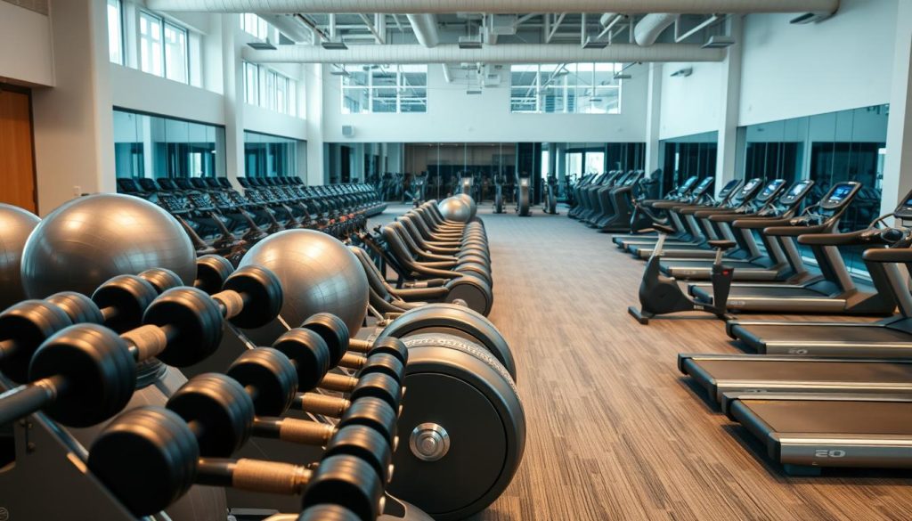 A well-equipped modern fitness studio with an array of state-of-the-art exercise equipment. In the foreground, sleek and ergonomic free weights, resistance machines, and exercise balls in muted tones of grey, black, and silver. The middle ground features rows of high-tech treadmills, ellipticals, and stationary bikes with digital displays. The background shows a spacious, well-lit open workout area with high ceilings and floor-to-ceiling windows, bathed in warm, natural light. The overall atmosphere conveys a sense of sophistication, functionality, and dedication to personal health and wellness.