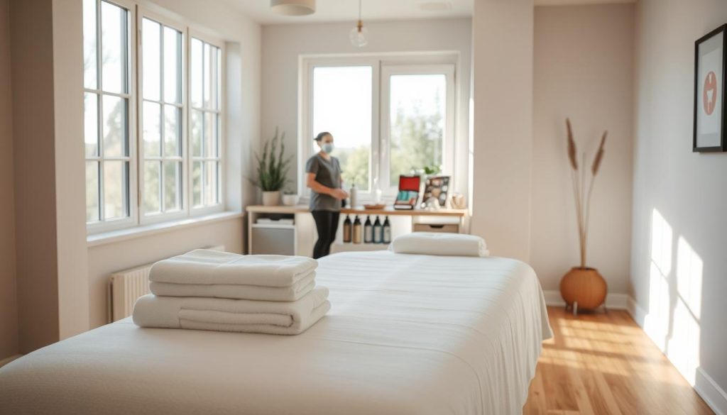 A well-lit, modern massage therapy clinic interior, with calming, neutral-toned walls and hardwood floors. In the foreground, a massage table is positioned, with a stack of clean towels and massage oils neatly arranged. Behind the table, a massage therapist's work station is visible, showcasing protective equipment like gloves, face masks, and a first-aid kit, emphasizing the importance of health and safety protocols. In the background, large windows allow natural light to flow in, creating a serene and tranquil atmosphere. The overall scene conveys a professional, safe, and wellness-focused environment for both the therapist and the client.
