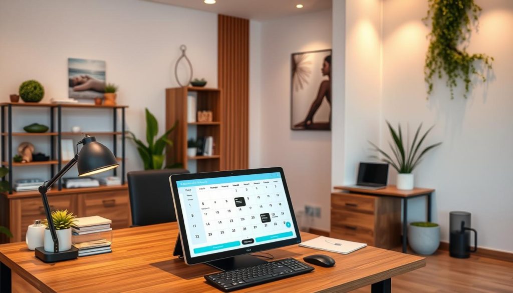 An inviting office interior with a wooden desk, computer, and other professional accessories. A modern and minimalistic decor, with warm lighting creating a calming atmosphere. The desk features a digital calendar or appointment booking system, hinting at the process of scheduling an online massage session. The walls are adorned with soothing artwork or plants, conveying a sense of wellness and relaxation. The scene is captured from a slightly elevated angle, providing a clean and organized view of the workspace.