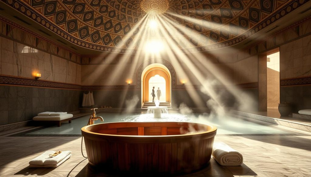 Elegant and serene spa setting with a traditional Turkish hamam bath experience. Sunlight streams through the intricately tiled domed ceiling, casting a warm glow on the steamy, marble-lined interior. In the foreground, a luxurious wooden bathtub is nestled in a cozy alcove, surrounded by plush towels and aromatic oils. The middle ground features a central pool with a bubbling fountain, inviting visitors to relax and rejuvenate. The background showcases the grand arched entryway and the faint silhouettes of bathers moving through the soothing mist. An atmosphere of tranquility and indulgence pervades the scene.
