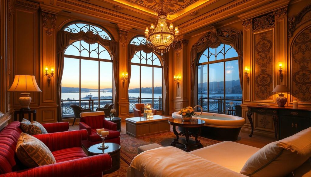 Luxurious spa room at the Çırağan Palace Kempinski Istanbul, showcasing a sumptuous interior with ornate architectural details. Opulent furnishings, plush fabrics, and decadent accents create an atmosphere of indulgence and relaxation. Warm, ambient lighting casts a soft glow, highlighting the palace's elegant and historic design. Large windows offer breathtaking views of the Bosphorus, while the serene, tranquil setting invites the viewer to immerse themselves in a world of pure luxury and pampering.