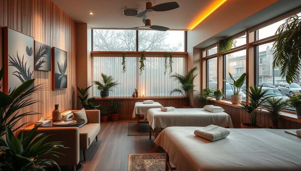 A cozy and inviting massage salon nestled in the heart of Bostancı, a vibrant neighborhood in Istanbul. The interior exudes a soothing ambiance, with soft lighting, natural wood accents, and plush, comfortable seating. Lush plants and serene artwork adorn the walls, creating a tranquil, spa-like atmosphere. Large windows allow natural light to flow in, casting a warm glow throughout the space. The massage tables are discreetly positioned, ensuring privacy and a sense of exclusivity. The overall design and layout prioritize the client's relaxation and well-being, reflecting the personalized and high-quality services offered by the Bostancı Massage Salon.