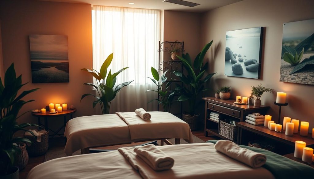 A cozy and inviting massage studio, with soft lighting, plush massage tables, and soothing aromatherapy candles. The walls are adorned with serene nature-inspired artwork, creating a tranquil ambiance. Lush, verdant plants dot the space, adding a touch of freshness. A large window allows natural light to filter in, casting a warm glow throughout the room. The massage therapist's station is neatly organized, showcasing their professional tools and supplies. The overall scene exudes an atmosphere of relaxation and rejuvenation, setting the stage for a luxurious and rejuvenating massage experience.