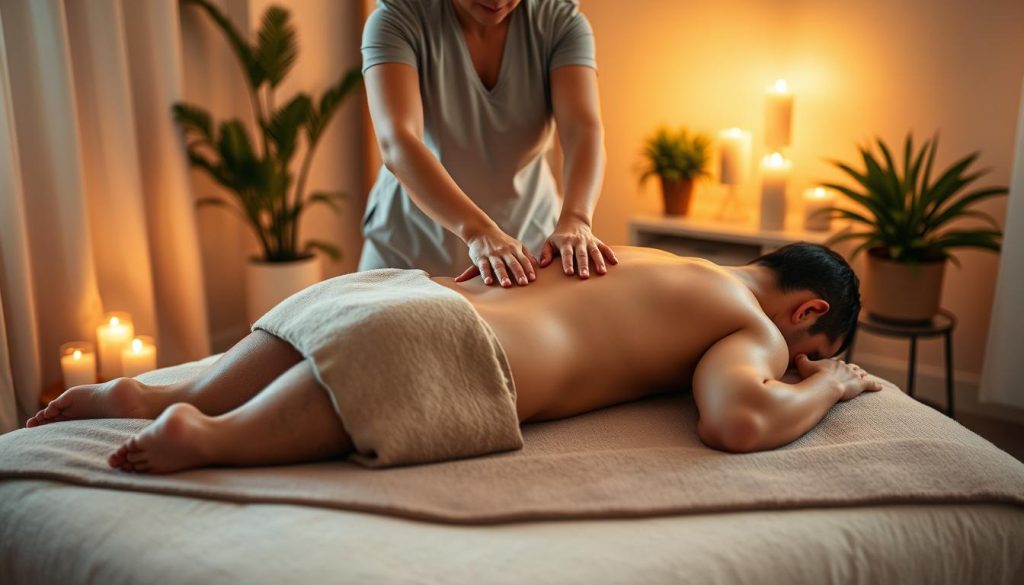A cozy bedroom setting with a professional masseuse massaging a relaxed client on a plush massage table. Soft, warm lighting illuminates the scene, creating a soothing, spa-like atmosphere. The masseuse's hands gently knead the client's back, promoting relaxation and well-being. The room is adorned with calming, natural elements like potted plants and candles, further enhancing the tranquil ambiance. The camera angle is from a slightly elevated perspective, capturing the intimate yet professional nature of the in-home massage service. The overall mood is one of tranquility, comfort, and rejuvenation.
