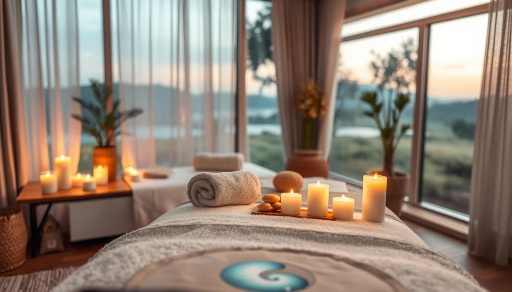 A cozy massage therapy studio with soothing ambient lighting, soft textiles, and an array of massage tools artfully arranged on a wooden table. The scene evokes a sense of relaxation and rejuvenation, highlighting the different therapy durations and modalities available. The foreground features plush towels, aromatherapy candles, and a calming water feature, while the background showcases a serene natural landscape visible through a large window. The overall atmosphere is one of tranquility and wellness, inviting the viewer to imagine the restorative experience of the various massage therapy sessions.