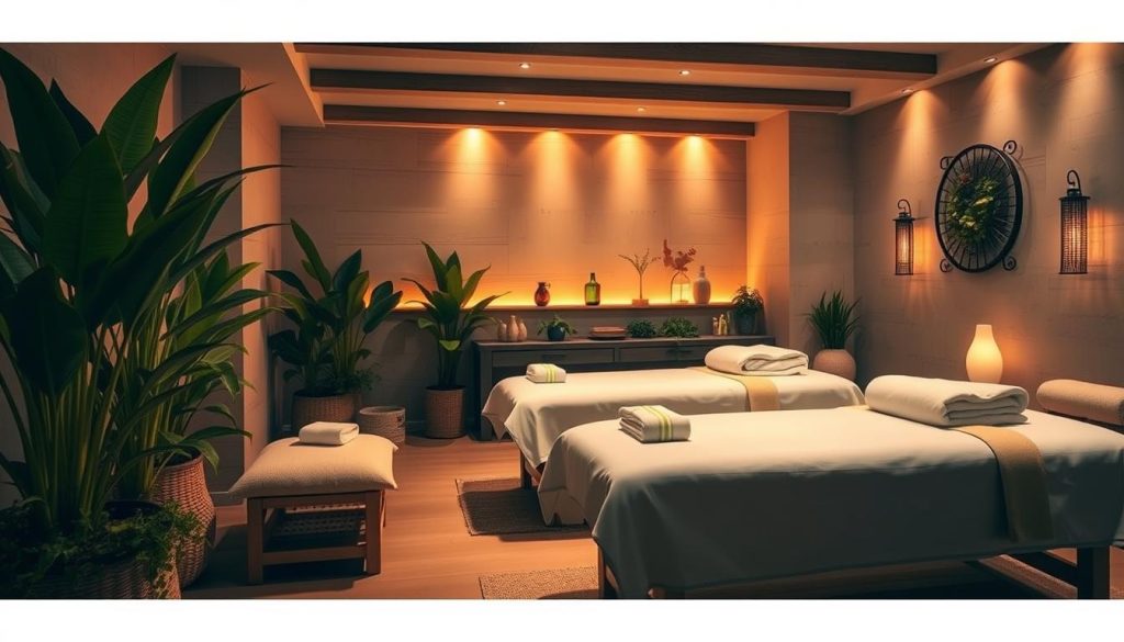 A cozy, serene spa setting with plush massage tables, dimmed lighting, and soothing ambiance. Lush, verdant potted plants and soft, natural textures adorn the space, creating a tranquil, rejuvenating atmosphere. Warm, golden lighting casts a gentle glow, complementing the rich, earthy tones of the decor. A mix of clean lines and organic shapes lend a harmonious, balanced aesthetic. The scene evokes a sense of relaxation, calm, and renewal, perfectly capturing the essence of the "Masaj ve Spa Hizmetlerimiz" section.