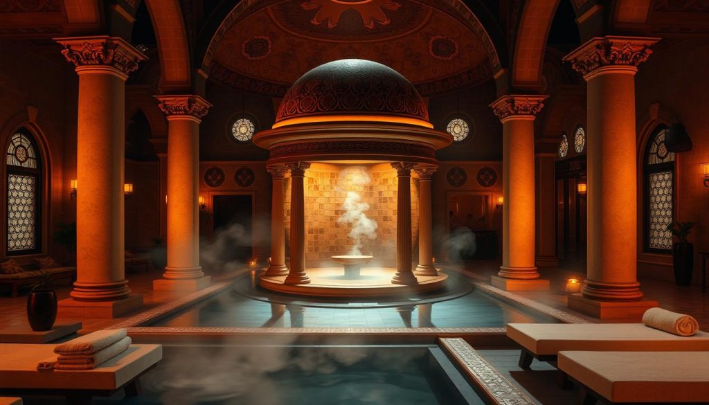A dimly lit Turkish-style spa, bathed in a warm, amber glow. The focal point is a grand, domed hamam with intricate tile work, surrounded by elegant columns and arched entryways. In the foreground, a tranquil sauna beckons, with steam wafting through the air, creating a soothing, meditative atmosphere. The middle ground features cozy lounging areas, plush towels, and potted plants, inviting visitors to unwind and rejuvenate. The background showcases ornate architectural details, such as stained glass windows and ornamental sconces, adding an air of timeless sophistication. Soft, diffused lighting casts a serene, spa-like ambiance throughout the scene.