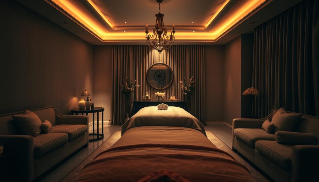 A dimly lit, luxurious massage studio at night. Soft lighting casts a warm glow, setting a sensual, intimate mood. Plush, elegant furnishings fill the space, exuding an air of exclusivity and relaxation. In the center, a large, ornate massage table awaits, its surface draped in fine linens. Delicate floral arrangements and soothing aromas complete the tranquil, pampering atmosphere. The camera angle offers a discreet, inviting view of this private, indulgent massage experience, capturing the essence of a exclusive, late-night spa retreat.