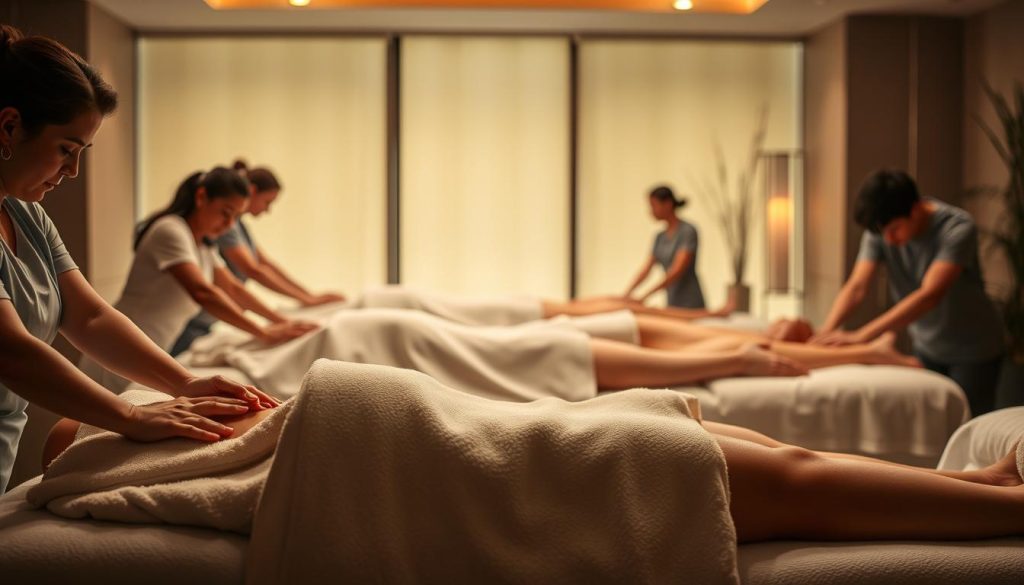 A group of professional massage therapists performing various massage techniques in a serene, dimly-lit spa setting. The foreground features the skilled hands of the therapists as they knead and manipulate the muscles of their clients, who are positioned comfortably on massage tables. The middle ground showcases the therapists' focused expressions and the relaxed, tranquil poses of the clients. The background depicts a soothing, natural environment with soft lighting, calming colors, and subtle decorative elements that enhance the overall atmosphere of relaxation and wellness. A group of professional massage therapists performing various massage techniques in a serene, dimly-lit spa setting. The foreground features the skilled hands of the therapists as they knead and manipulate the muscles of their clients, who are positioned comfortably on massage tables. The middle ground showcases the therapists' focused expressions and the relaxed, tranquil poses of the clients. The background depicts a soothing, natural environment with soft lighting, calming colors, and subtle decorative elements that enhance the overall atmosphere of relaxation and wellness.