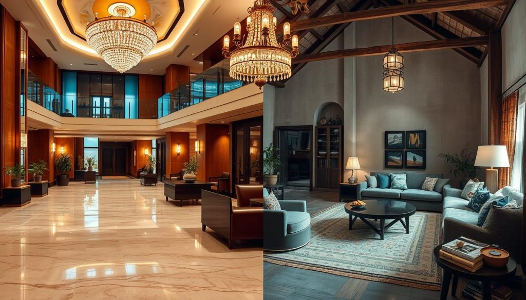 A high-end luxury hotel lobby contrasted with a cozy local guesthouse living room. Gleaming marble floors and plush leather furnishings in the international hotel, while the local space features rustic wooden beams, handwoven textiles, and homey accents. Soft, warm lighting in the local scene, compared to the sharper, more dramatic lighting in the corporate hotel. An ornate, ostentatious chandelier hovers above the international space, while a simple pendant light illuminates the intimate local setting. The international brand radiates wealth and exclusivity, the local offering comfort and authenticity.