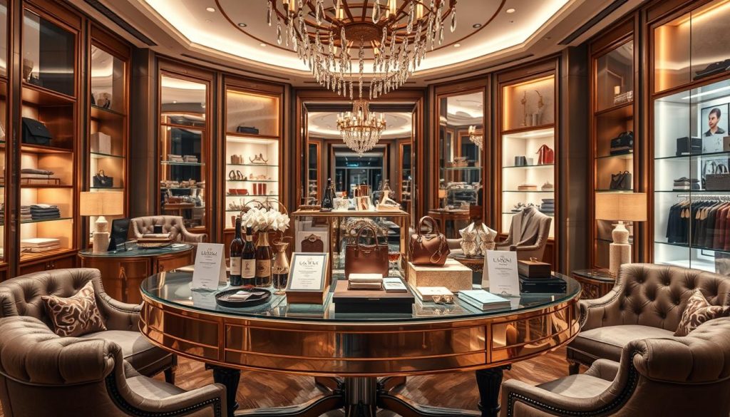 A lavishly decorated boutique interior with a central display table showcasing an array of luxury products and services. Soft, ambient lighting casts a warm glow over the scene, highlighting the premium materials and finishes. The table is adorned with elegant price tags and promotional signs, conveying a sense of exclusive, personalized offerings. Plush, high-end furnishings and decor elements create an atmosphere of sophistication and attention to detail. The overall composition suggests a curated, bespoke experience for discerning clientele.