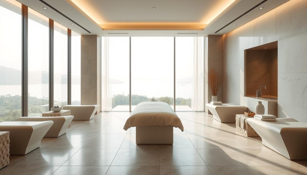 A luxurious modern spa interior with a minimalist, contemporary design. A large, illuminated treatment room with sleek, angular furniture and soft, diffused lighting. The space features clean lines, natural materials like stone and wood, and a soothing, tranquil ambiance. The middle ground showcases a minimalist massage table with plush bedding, while the background depicts a serene, serene landscape through floor-to-ceiling windows. The overall atmosphere exudes a sense of relaxation, indulgence, and high-end pampering.