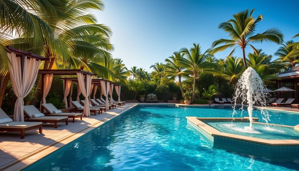 A luxurious poolside oasis with a sparkling blue pool surrounded by plush cabanas and lush tropical foliage. Sunlight filters through the palm fronds, casting a warm, golden glow on the serene scene. Sleek, modern lounge chairs invite guests to recline and unwind, while a stunning water feature cascades into the pool, creating a soothing ambiance. The overall atmosphere exudes an air of refined elegance and tranquility, perfectly suited for a high-end spa experience.